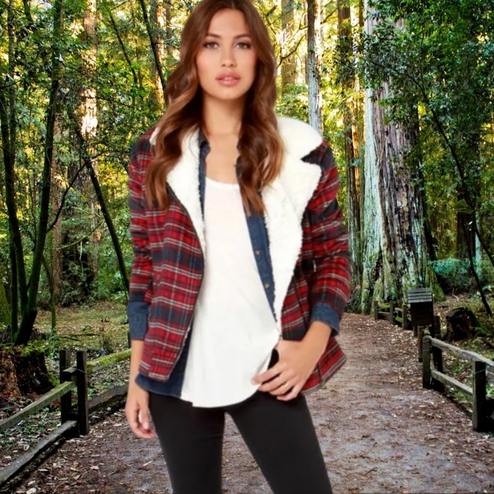 Others Follow Gavin red flannel plaid Sherpa lined cabincore cozy jacket. Sz M